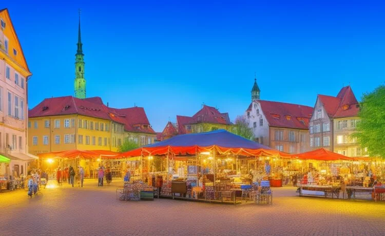Ein sonnendurchfluteter, belebter Marktplatz in einer niedersächsischen Stadt, auf dem moderne Sicherheitskameras diskret an Laternenmasten montiert sind, während freundliche Passanten in entspannter Atmosphäre ihrem Alltag nachgehen und die warme, natürliche Lichtstimmung Vertrauen und Dialogbereitschaft zwischen Technologie und Gesellschaft symbolisiert.