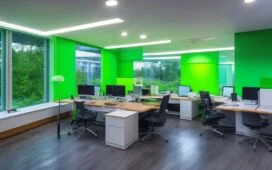 Ein lichtdurchflutetes modernes Büro mit einem lächelnden Entwickler vor einem Apple-Computer, der konzentriert an der Integration von Siri und Googles Gemini-KI arbeitet, umgeben von warmen Holztönen und dezentem Grün für eine einladende, zukunftsoptimistische Atmosphäre.