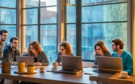 Eine strahlend helle, natürliche Büroszene eines kleinen Entwicklerteams beim angeregten Austausch über Code auf Laptops, das warme Sonnenlicht fällt sanft durch große Fenster und betont die lebendige, kollaborative Atmosphäre moderner Softwareentwicklung.