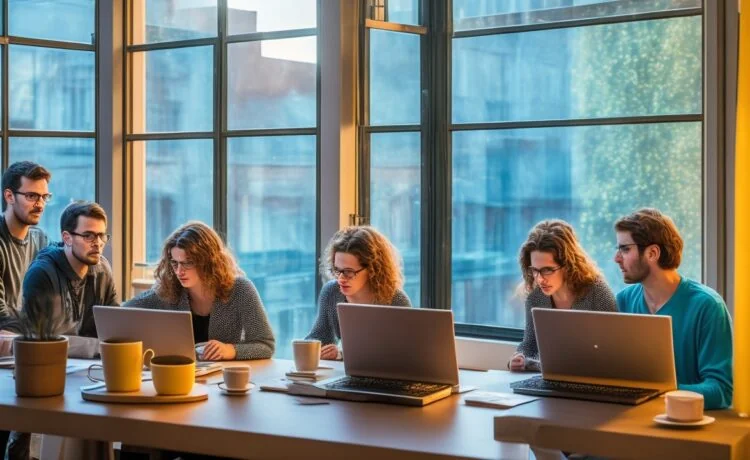 Eine strahlend helle, natürliche Büroszene eines kleinen Entwicklerteams beim angeregten Austausch über Code auf Laptops, das warme Sonnenlicht fällt sanft durch große Fenster und betont die lebendige, kollaborative Atmosphäre moderner Softwareentwicklung.