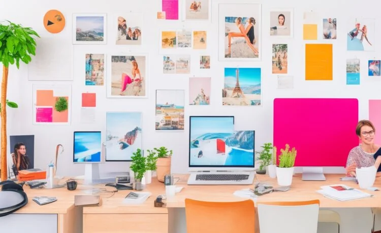 Ein lebendiges, natürlich beleuchtetes Büroambiente mit freundlichen Marketingprofis verschiedener Generationen, die konzentriert und entspannt am Laptop gemeinsam Strategien für Influencer-Kampagnen besprechen, umgeben von farbenfrohen Moodboards und modernen digitalen Gadgets, die die Balance zwischen kreativer Markenbildung und kosteneffizienter Performance verkörpern.