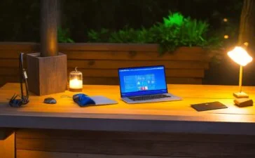 Ein heller, natürlich beleuchteter Arbeitsplatz mit einem modernen Laptop und Smartphone auf einem klaren Holztisch, umgeben von warmen Sonnenstrahlen, an dem eine nachdenkliche Person konzentriert die Sicherheitseinstellungen überprüft – Sinnbild für das Vertrauen und die Vorsicht bei kostenfreien IT-Sicherheitslösungen.