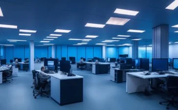 Ein hell erleuchtetes, modernes Büro mit lächelnden Entwicklern in entspannter Atmosphäre, die konzentriert gemeinsam an Laptops und großen Bildschirmen arbeiten, während warmes Tageslicht durch große Fenster fällt und eine freundliche, produktive Stimmung schafft.