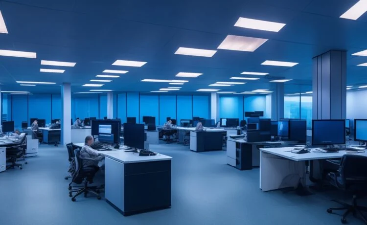 Ein hell erleuchtetes, modernes Büro mit lächelnden Entwicklern in entspannter Atmosphäre, die konzentriert gemeinsam an Laptops und großen Bildschirmen arbeiten, während warmes Tageslicht durch große Fenster fällt und eine freundliche, produktive Stimmung schafft.