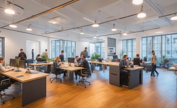 In einem hell erleuchteten, modernen Coworking-Space arbeiten interdisziplinäre Teams mit konzentrierten, lächelnden Gesichtern an Laptops und Skizzen, während durch große Fenster warmes Tageslicht sanft den kreativen Austausch und die lebendige Atmosphäre eines erfolgreichen Hackathons einfängt.