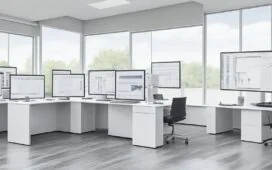 In einem modernen, lichtdurchfluteten Büro sitzt eine junge IT-Sicherheitsexpertin mit konzentriertem, aber zuversichtlichem Blick vor mehreren Bildschirmen, die komplexe Quantencomputing-Diagramme und digitale Datenströme in sanften Blautönen anzeigen, während warme Sonnenstrahlen durch ein großes Fenster fallen und die Szene mit einem freundlichen, technologisch inspirierten Ambiente erfüllen.