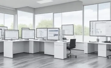 In einem modernen, lichtdurchfluteten Büro sitzt eine junge IT-Sicherheitsexpertin mit konzentriertem, aber zuversichtlichem Blick vor mehreren Bildschirmen, die komplexe Quantencomputing-Diagramme und digitale Datenströme in sanften Blautönen anzeigen, während warme Sonnenstrahlen durch ein großes Fenster fallen und die Szene mit einem freundlichen, technologisch inspirierten Ambiente erfüllen.