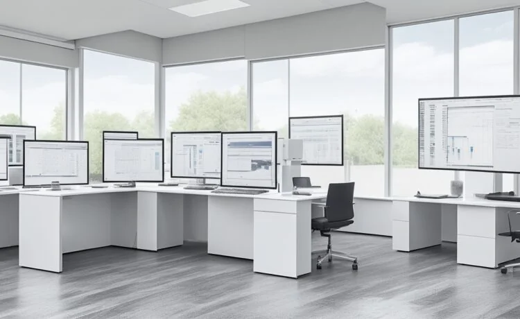 In einem modernen, lichtdurchfluteten Büro sitzt eine junge IT-Sicherheitsexpertin mit konzentriertem, aber zuversichtlichem Blick vor mehreren Bildschirmen, die komplexe Quantencomputing-Diagramme und digitale Datenströme in sanften Blautönen anzeigen, während warme Sonnenstrahlen durch ein großes Fenster fallen und die Szene mit einem freundlichen, technologisch inspirierten Ambiente erfüllen.