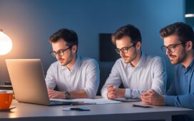 Ein strahlendes, modernes Büroambiente mit einer freundlichen jungen Bewerberin, die entspannt und selbstbewusst vor einem Laptop sitzt, während natürliches Licht warm auf ihr Gesicht fällt und subtil die Mischung aus Menschlichkeit und digitaler Zukunft im KI-gestützten Vorstellungsgespräch einfängt.