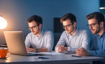 Ein strahlendes, modernes Büroambiente mit einer freundlichen jungen Bewerberin, die entspannt und selbstbewusst vor einem Laptop sitzt, während natürliches Licht warm auf ihr Gesicht fällt und subtil die Mischung aus Menschlichkeit und digitaler Zukunft im KI-gestützten Vorstellungsgespräch einfängt.