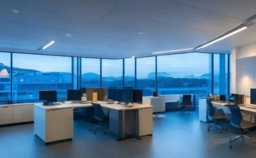Ein gemütlich hell erleuchtetes Büro mit zwei Programmierern, die lächelnd konzentriert vor modernen Laptops mit offener Code-Software sitzen, während warmes Tageslicht durch große Fenster strömt und die freundliche Atmosphäre einer kreativen Zusammenarbeit mit KI-gestützter Technologie einfängt.
