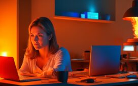 In einem hell erleuchteten, modernen Arbeitszimmer sitzt eine junge Frau entspannt vor einem Laptop, umgeben von warmem Tageslicht, während dezent digitale Symbole für Datenschutz und Künstliche Intelligenz sanft im Hintergrund schimmern und so die Balance zwischen Technologie und Privatsphäre bildhaft vermitteln.