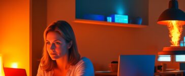In einem hell erleuchteten, modernen Arbeitszimmer sitzt eine junge Frau entspannt vor einem Laptop, umgeben von warmem Tageslicht, während dezent digitale Symbole für Datenschutz und Künstliche Intelligenz sanft im Hintergrund schimmern und so die Balance zwischen Technologie und Privatsphäre bildhaft vermitteln.