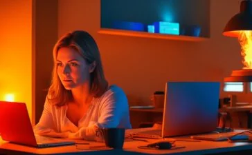 In einem hell erleuchteten, modernen Arbeitszimmer sitzt eine junge Frau entspannt vor einem Laptop, umgeben von warmem Tageslicht, während dezent digitale Symbole für Datenschutz und Künstliche Intelligenz sanft im Hintergrund schimmern und so die Balance zwischen Technologie und Privatsphäre bildhaft vermitteln.