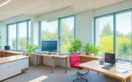 Ein sonnendurchflutetes modernes Büro mit lächelnden Mitarbeitenden unterschiedlichen Alters, die dynamisch an ihren Computern arbeiten, während sanft durch große Fenster das warme Tageslicht fällt und so eine freundliche Atmosphäre des Miteinanders und der technologischen Zukunft schafft.