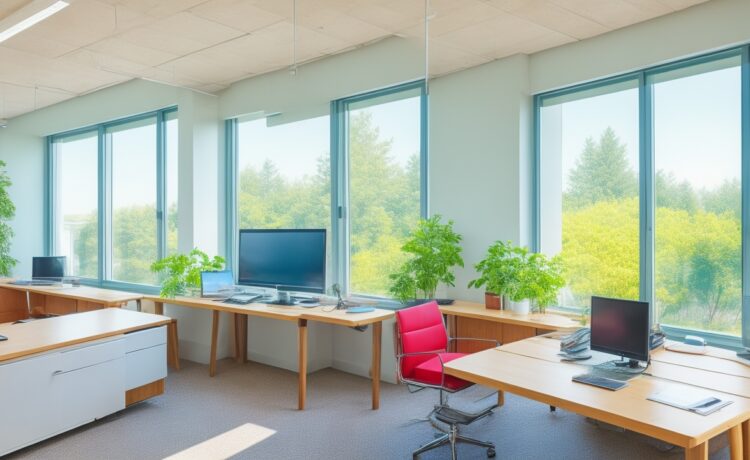 Ein sonnendurchflutetes modernes Büro mit lächelnden Mitarbeitenden unterschiedlichen Alters, die dynamisch an ihren Computern arbeiten, während sanft durch große Fenster das warme Tageslicht fällt und so eine freundliche Atmosphäre des Miteinanders und der technologischen Zukunft schafft.