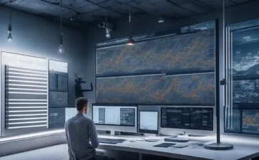 Ein hell erleuchteter, moderner Arbeitsplatz mit einem lächelnden Data Scientist vor mehreren Bildschirmen, die farbenfrohe Diagramme und komplexe Algorithmen in natürlichem Tageslicht zeigen, vermittelt auf warme Weise die Faszination und Vielfalt des maschinellen Lernens.