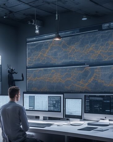 Ein hell erleuchteter, moderner Arbeitsplatz mit einem lächelnden Data Scientist vor mehreren Bildschirmen, die farbenfrohe Diagramme und komplexe Algorithmen in natürlichem Tageslicht zeigen, vermittelt auf warme Weise die Faszination und Vielfalt des maschinellen Lernens.