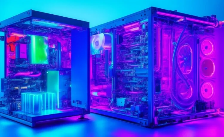 In einem hell erleuchteten, modernen Rechenzentrum strahlt ein Ingenieur lächelnd vor glänzenden, hochpräzisen Liquid-Cooling-Komponenten, während warmer Tageslichteinfall sanft die technische Innovation und nachhaltige Zukunft der Flüssigkeitskühlung betont.