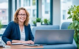 Eine strahlend helle, naturnahe Porträtaufnahme von Lisa Ihde in einem modernen Berliner Büro, wie sie mit warmem Lächeln konzentriert an ihrem Laptop arbeitet, umgeben von sanftem Tageslicht, das ihre positive Energie und den dynamischen Wandel durch KI im Arbeitsalltag widerspiegelt.