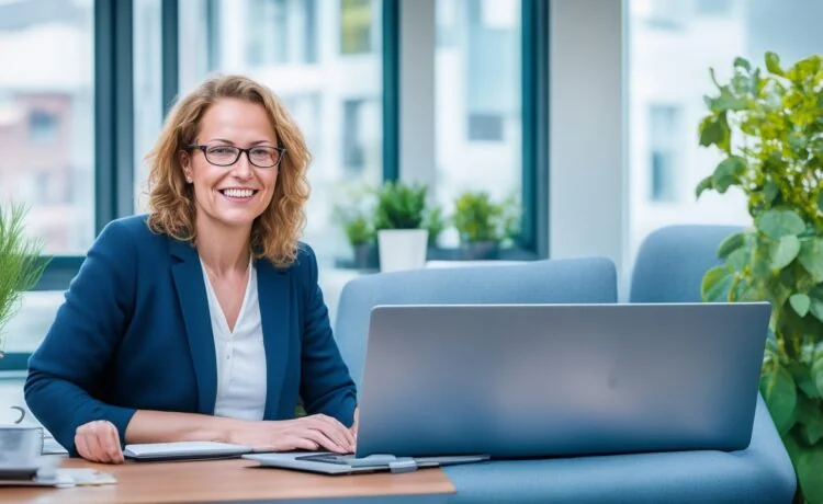 Eine strahlend helle, naturnahe Porträtaufnahme von Lisa Ihde in einem modernen Berliner Büro, wie sie mit warmem Lächeln konzentriert an ihrem Laptop arbeitet, umgeben von sanftem Tageslicht, das ihre positive Energie und den dynamischen Wandel durch KI im Arbeitsalltag widerspiegelt.