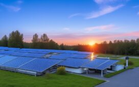 Ein hell erleuchtetes modernes Rechenzentrum, umgeben von strahlenden Solarpaneelen und sanft glänzenden Batteriespeichern, im warmen Tageslicht eines sonnigen Morgens, das durch große Fenster fällt und eine zukunftsweisende, nachhaltige Energieversorgung symbolisiert.