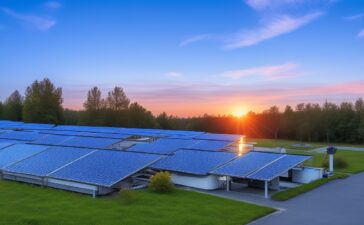 Ein hell erleuchtetes modernes Rechenzentrum, umgeben von strahlenden Solarpaneelen und sanft glänzenden Batteriespeichern, im warmen Tageslicht eines sonnigen Morgens, das durch große Fenster fällt und eine zukunftsweisende, nachhaltige Energieversorgung symbolisiert.