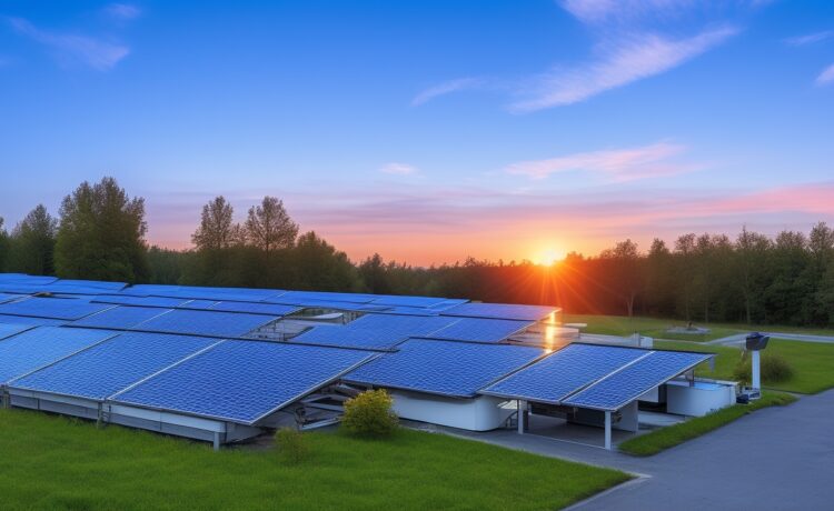 Ein hell erleuchtetes modernes Rechenzentrum, umgeben von strahlenden Solarpaneelen und sanft glänzenden Batteriespeichern, im warmen Tageslicht eines sonnigen Morgens, das durch große Fenster fällt und eine zukunftsweisende, nachhaltige Energieversorgung symbolisiert.