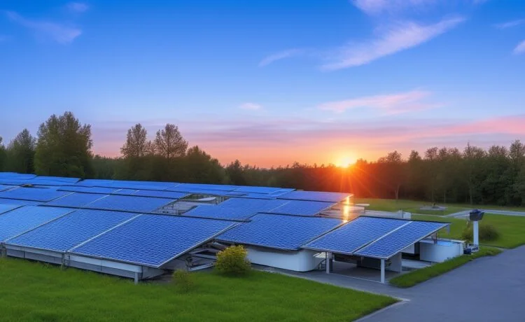 Ein hell erleuchtetes modernes Rechenzentrum, umgeben von strahlenden Solarpaneelen und sanft glänzenden Batteriespeichern, im warmen Tageslicht eines sonnigen Morgens, das durch große Fenster fällt und eine zukunftsweisende, nachhaltige Energieversorgung symbolisiert.
