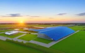 Ein strahlendes Foto bei warmem Tageslicht zeigt den modernen Maincubes-Datacenter-Campus in Nauen mit klaren Linien und nachhaltigen Solarpanels, umgeben von weiten grünen Flächen, während im Hintergrund die Silhouette Berlins in sanften Morgenfarben leuchtet und ein Gefühl von Zukunft, Klarheit und technologischer Innovation vermittelt.