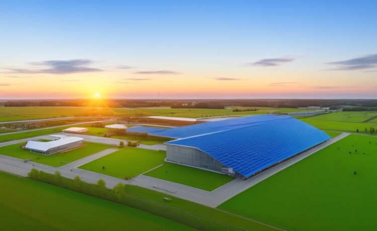 Ein strahlendes Foto bei warmem Tageslicht zeigt den modernen Maincubes-Datacenter-Campus in Nauen mit klaren Linien und nachhaltigen Solarpanels, umgeben von weiten grünen Flächen, während im Hintergrund die Silhouette Berlins in sanften Morgenfarben leuchtet und ein Gefühl von Zukunft, Klarheit und technologischer Innovation vermittelt.