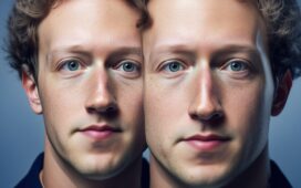 Ein freundliches, natürlich beleuchtetes Portrait von Mark Zuckerberg, der mit einem leichten Lächeln eine moderne, futuristische Smart-Brille trägt, umgeben von warmem Tageslicht und subtilen Hightech-Details, die eine optimistische Vision von KI-gestützter Wearable-Technologie vermitteln.