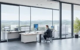 Ein helles, cinematisches Porträt einer konzentrierten IT-Sicherheitsexpertin in modernem Büro mit natürlichen Sonnenstrahlen, die durch große Fenster fallen, umgeben von Bildschirmen mit Code und Netzwerkgrafiken – Wärme und Zuversicht spiegeln sich in ihrem Gesicht, während sie entschlossen eine Cyberattacke auf WordPress-Websites abwehrt.