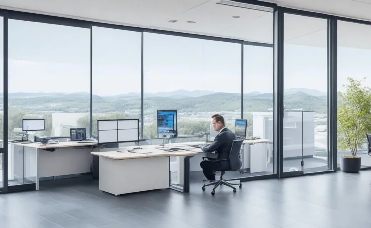 Ein helles, cinematisches Porträt einer konzentrierten IT-Sicherheitsexpertin in modernem Büro mit natürlichen Sonnenstrahlen, die durch große Fenster fallen, umgeben von Bildschirmen mit Code und Netzwerkgrafiken – Wärme und Zuversicht spiegeln sich in ihrem Gesicht, während sie entschlossen eine Cyberattacke auf WordPress-Websites abwehrt.