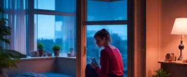 In einem hell erleuchteten, modernen Wohnzimmer lächelt eine junge Frau entspannt auf ihr Smartphone, während sanftes Tageslicht durch große Fensterscheiben fällt und eine Atmosphäre von Vertrauen und Offenheit im Umgang mit moderner KI-Technologie schafft.