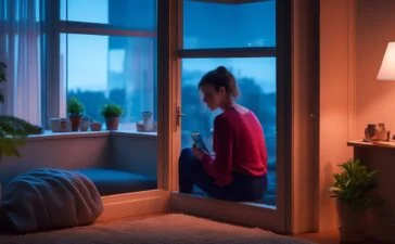 In einem hell erleuchteten, modernen Wohnzimmer lächelt eine junge Frau entspannt auf ihr Smartphone, während sanftes Tageslicht durch große Fensterscheiben fällt und eine Atmosphäre von Vertrauen und Offenheit im Umgang mit moderner KI-Technologie schafft.