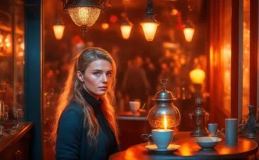 In einem hell erleuchteten, modernen Café sorgt eine junge, nachdenkliche Frau mit warmem Lächeln und lebhaften Augen für eine freundliche und vertrauensvolle Atmosphäre, während um sie herum sanftes Tageslicht fällt und subtil digitale Geräte im Hintergrund die Verbindung zu sozialen Netzwerken symbolisieren.