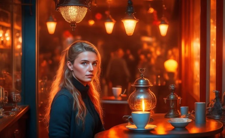 In einem hell erleuchteten, modernen Café sorgt eine junge, nachdenkliche Frau mit warmem Lächeln und lebhaften Augen für eine freundliche und vertrauensvolle Atmosphäre, während um sie herum sanftes Tageslicht fällt und subtil digitale Geräte im Hintergrund die Verbindung zu sozialen Netzwerken symbolisieren.