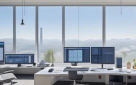 Ein modernes, lichtdurchflutetes Büro mit einem lächelnden Analysten, der konzentriert vor einem großen Monitor mit geöffnetem Microsoft Excel sitzt, während warme Sonnenstrahlen sanft durch das Fenster fallen und eine Atmosphäre von Klarheit, Innovation und produktiver Zusammenarbeit schaffen.