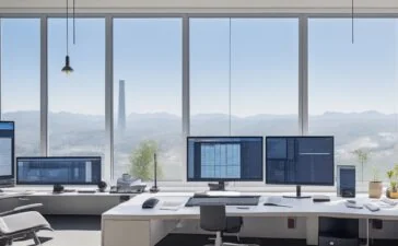 Ein modernes, lichtdurchflutetes Büro mit einem lächelnden Analysten, der konzentriert vor einem großen Monitor mit geöffnetem Microsoft Excel sitzt, während warme Sonnenstrahlen sanft durch das Fenster fallen und eine Atmosphäre von Klarheit, Innovation und produktiver Zusammenarbeit schaffen.