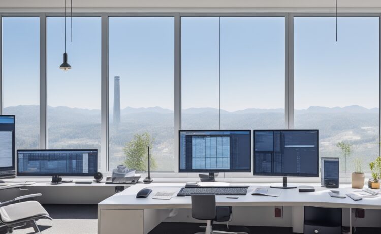 Ein modernes, lichtdurchflutetes Büro mit einem lächelnden Analysten, der konzentriert vor einem großen Monitor mit geöffnetem Microsoft Excel sitzt, während warme Sonnenstrahlen sanft durch das Fenster fallen und eine Atmosphäre von Klarheit, Innovation und produktiver Zusammenarbeit schaffen.
