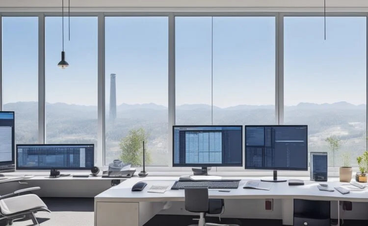 Ein modernes, lichtdurchflutetes Büro mit einem lächelnden Analysten, der konzentriert vor einem großen Monitor mit geöffnetem Microsoft Excel sitzt, während warme Sonnenstrahlen sanft durch das Fenster fallen und eine Atmosphäre von Klarheit, Innovation und produktiver Zusammenarbeit schaffen.