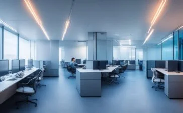 In einem hell erleuchteten, modernen Büro mit warmen Holzakzenten tauschen diverse Fachleute in entspannter Atmosphäre innovative Ideen aus, während im Hintergrund Bildschirme mit subtilen KI-Datenvisualisierungen die zukunftsweisende Integration von ChatGPT-5 in Microsofts Ökosystem symbolisieren.