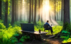 Eine helle, natürliche Büroszene mit einer lächelnden, konzentrierten Person mittleren Alters, die vor einem modernen Laptop sitzt, umgeben von dezent gestalteten digitalen Visualisierungen und warmem Sonnenlicht, das durch ein großes Fenster fällt und eine einladende, zukunftsorientierte Atmosphäre schafft, welche die intelligente Integration und den innovativen Geist von Microsofts neuem Smart Mode mit GPT-5 widerspiegelt.