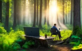 Eine helle, natürliche Büroszene mit einer lächelnden, konzentrierten Person mittleren Alters, die vor einem modernen Laptop sitzt, umgeben von dezent gestalteten digitalen Visualisierungen und warmem Sonnenlicht, das durch ein großes Fenster fällt und eine einladende, zukunftsorientierte Atmosphäre schafft, welche die intelligente Integration und den innovativen Geist von Microsofts neuem Smart Mode mit GPT-5 widerspiegelt.