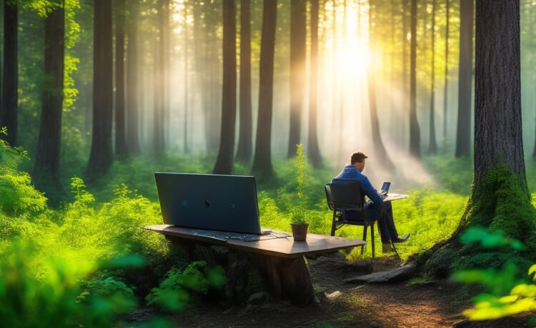 Eine helle, natürliche Büroszene mit einer lächelnden, konzentrierten Person mittleren Alters, die vor einem modernen Laptop sitzt, umgeben von dezent gestalteten digitalen Visualisierungen und warmem Sonnenlicht, das durch ein großes Fenster fällt und eine einladende, zukunftsorientierte Atmosphäre schafft, welche die intelligente Integration und den innovativen Geist von Microsofts neuem Smart Mode mit GPT-5 widerspiegelt.