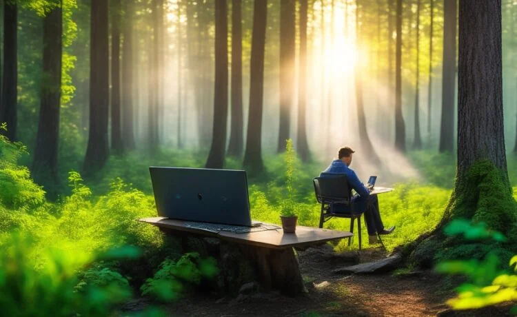 Eine helle, natürliche Büroszene mit einer lächelnden, konzentrierten Person mittleren Alters, die vor einem modernen Laptop sitzt, umgeben von dezent gestalteten digitalen Visualisierungen und warmem Sonnenlicht, das durch ein großes Fenster fällt und eine einladende, zukunftsorientierte Atmosphäre schafft, welche die intelligente Integration und den innovativen Geist von Microsofts neuem Smart Mode mit GPT-5 widerspiegelt.
