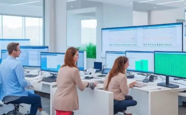 Ein modernes, sonnendurchflutetes Büro mit einer entspannten Person, die konzentriert vor einem großen Monitor sitzt und in einer freundlichen Atmosphäre Excel-Daten mit komplexen Textanalysen bearbeitet, während warmes Tageslicht durch ein Fenster fällt und neben Kaffee und Notizblock eine produktive Stimmung spiegelt.