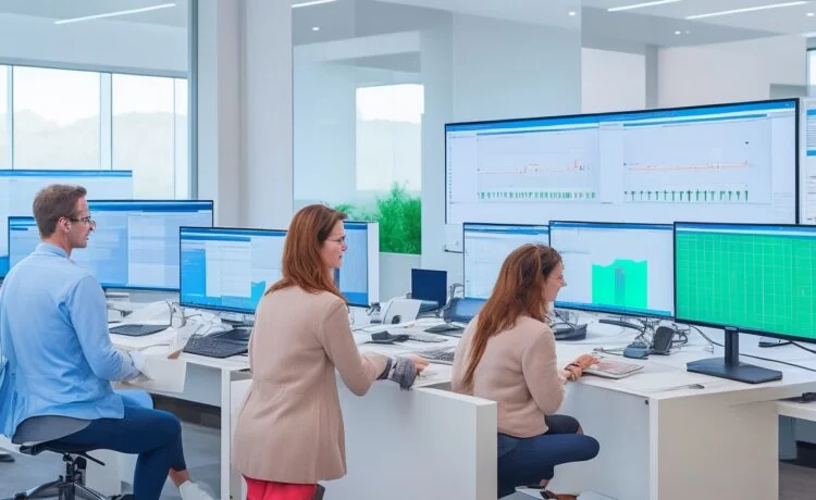 Ein modernes, sonnendurchflutetes Büro mit einer entspannten Person, die konzentriert vor einem großen Monitor sitzt und in einer freundlichen Atmosphäre Excel-Daten mit komplexen Textanalysen bearbeitet, während warmes Tageslicht durch ein Fenster fällt und neben Kaffee und Notizblock eine produktive Stimmung spiegelt.