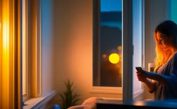 Eine hell erleuchtete, freundliche Szene in einem modernen Wohnzimmer: eine junge Frau sitzt entspannt mit einem Smartphone in der Hand, das Sonnenlicht fällt weich durchs Fenster, während im Hintergrund dezente technische Details und Alltagsgegenstände eine vertraute, vertrauensvolle Atmosphäre digitaler Sicherheit und Schutz im Alltag vermitteln.